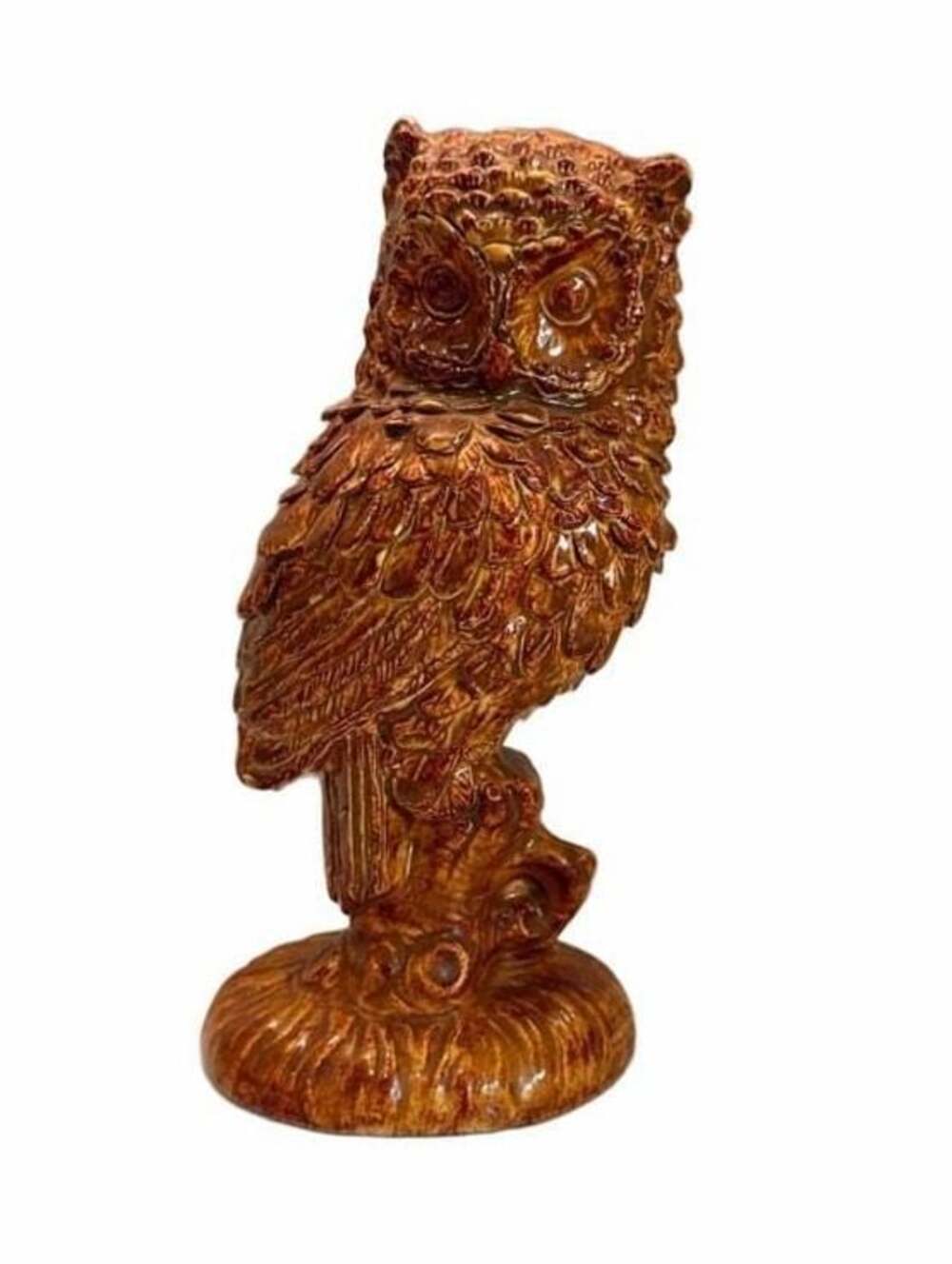 Vintage Ceramic Brown Drip Glaze Owl Figurine on Log Base